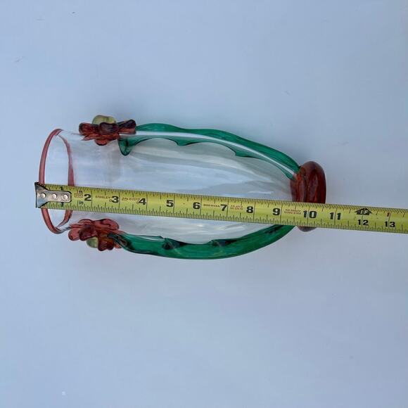 Hand Blown Vase Applied Flowers Green Orange 10.5 in Long - Picture 8 of 11